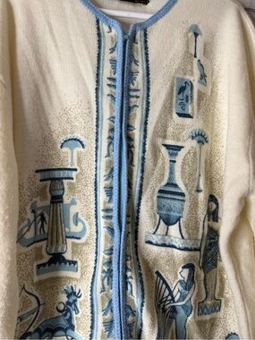 Vintage 1950s sorrentini Cream Cardigan with Light Blue Egyptian Motif small